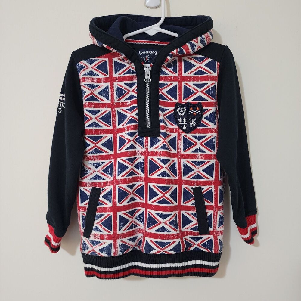 SportKing Kids Graphic Fleece Hoodie British Flag Navy Blue Red White Zip 24/60